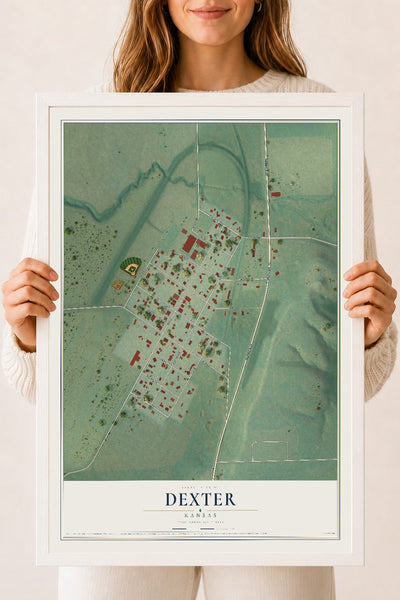 Map of Dexter, Kansas, 18 x 24 inch print in a white wood frame