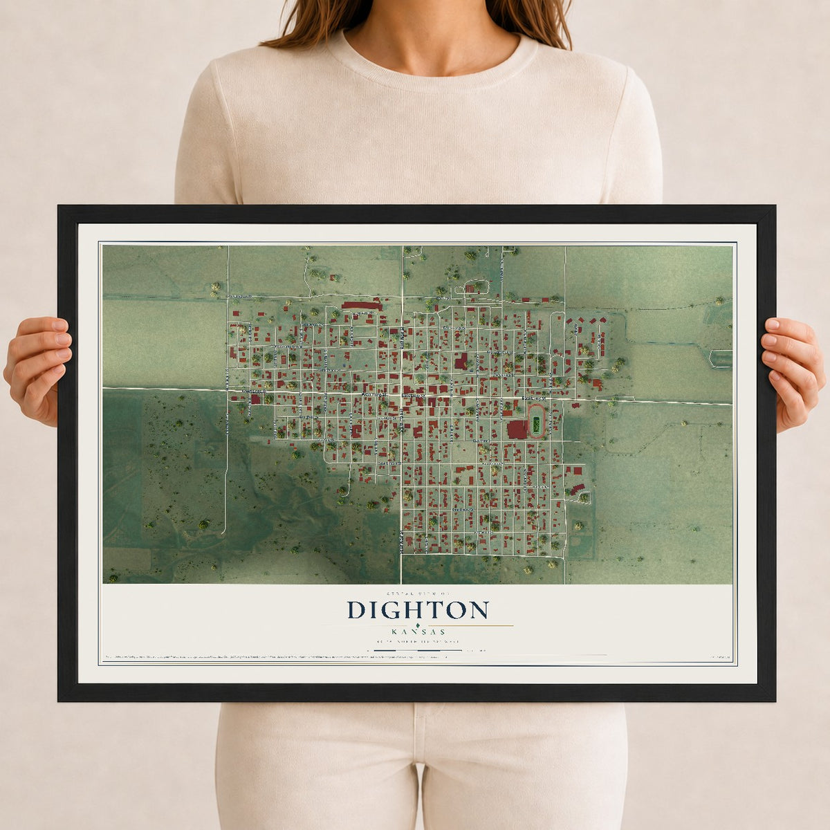 Map of Dighton, Kansas, 12 x 18 inch print in a black wood frame