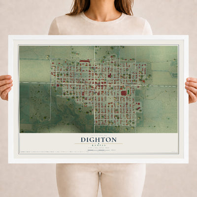 Map of Dighton, Kansas, 18 x 24 inch print in a white wood frame