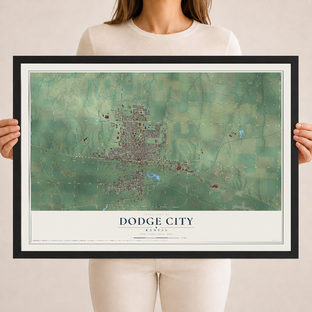 Map of Dodge City, Kansas, 18 x 24 inch print in a black wood frame