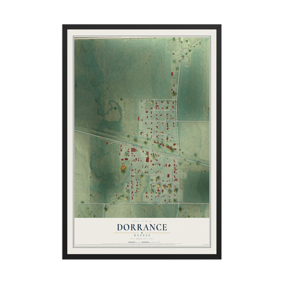 Map of Dorrance, Kansas, 12 x 18 inch print in a black wood frame