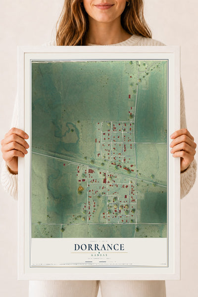 Map of Dorrance, Kansas, 18 x 24 inch print in a white wood frame