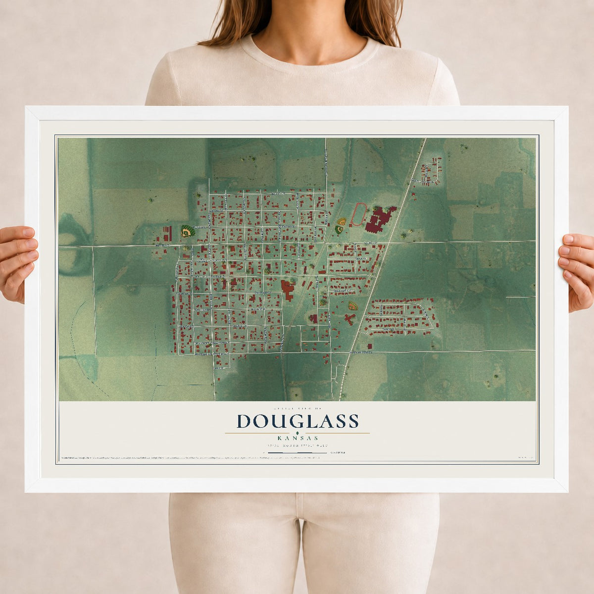 Map of Douglass, Kansas, 18 x 24 inch print in a white wood frame