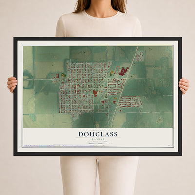 Map of Douglass, Kansas, 24 x 36 inch print in a black wood frame