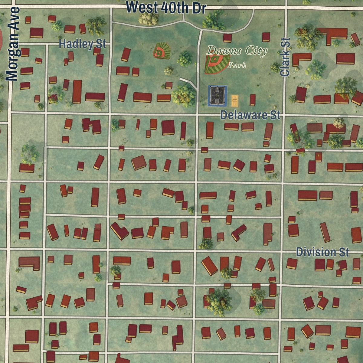 Close-up of the map of Downs, Kansas print showing street and building detail