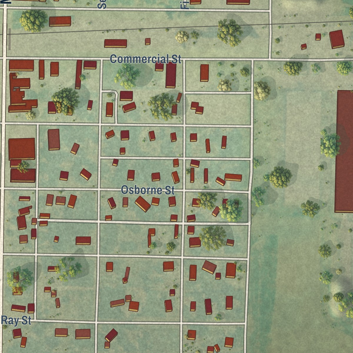 Second close-up of the map of Downs, Kansas print showing more streets and buildings