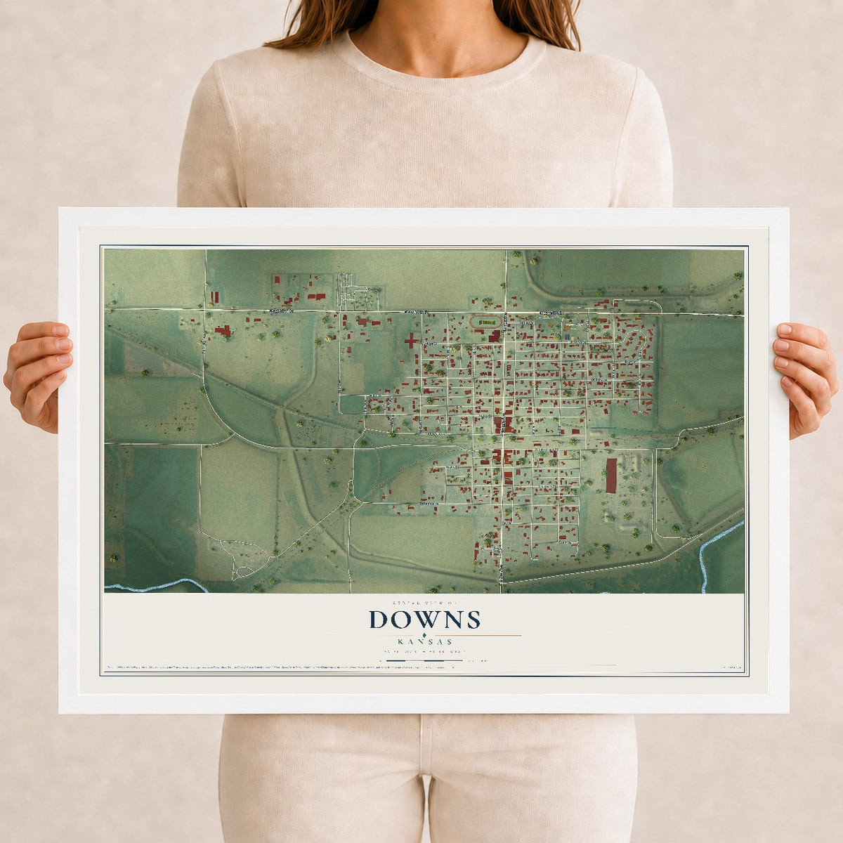Map of Downs, Kansas, 12 x 18 inch print in a white wood frame
