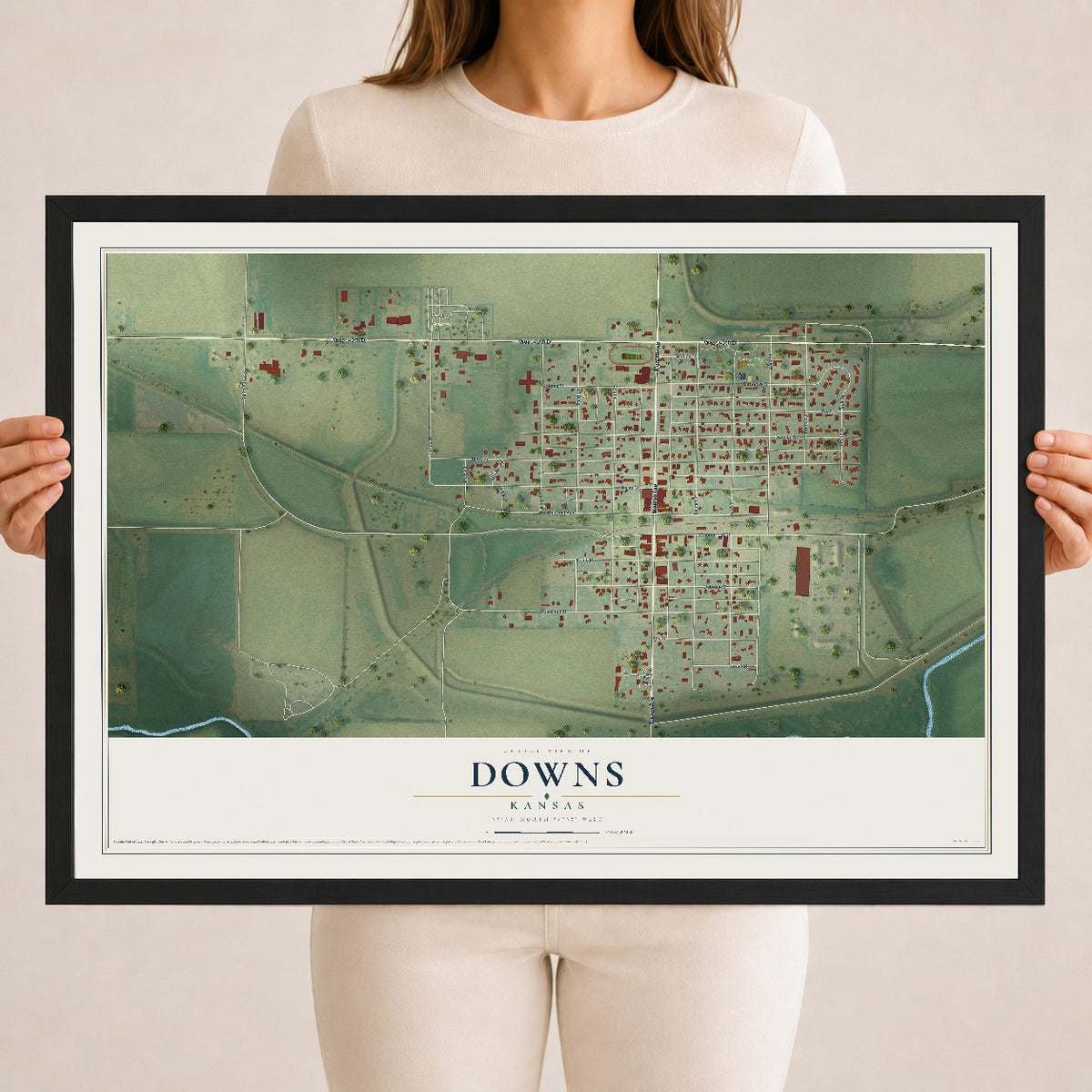 Map of Downs, Kansas, 18 x 24 inch print in a black wood frame