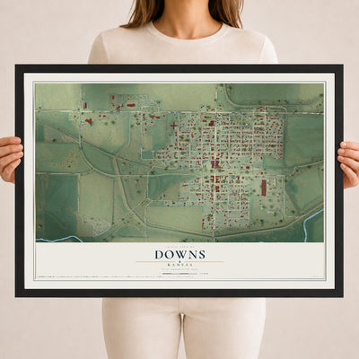 Map of Downs, Kansas, 18 x 24 inch print in a black wood frame