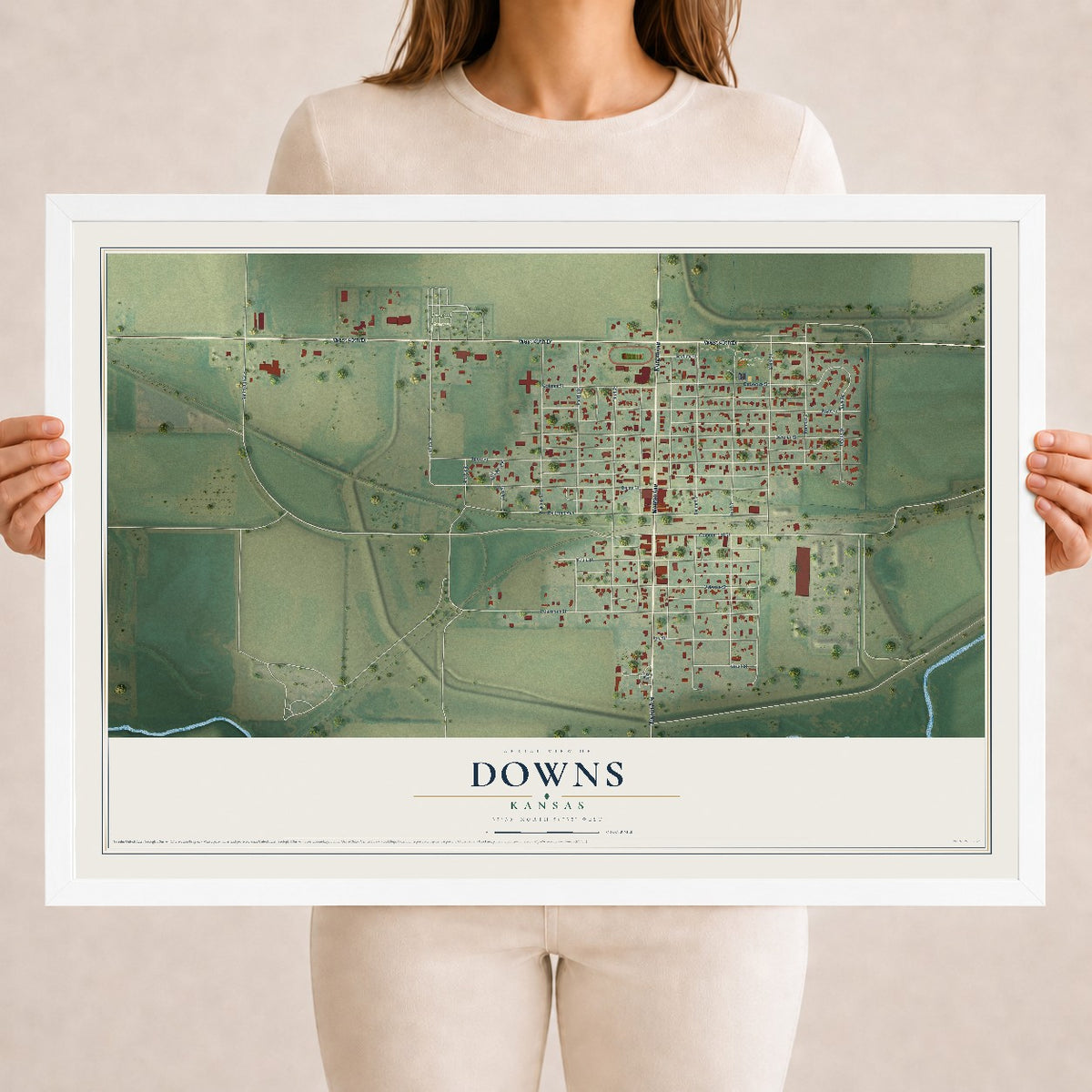 Map of Downs, Kansas, 18 x 24 inch print in a white wood frame