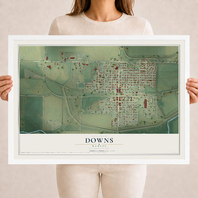 Map of Downs, Kansas, 18 x 24 inch print in a white wood frame