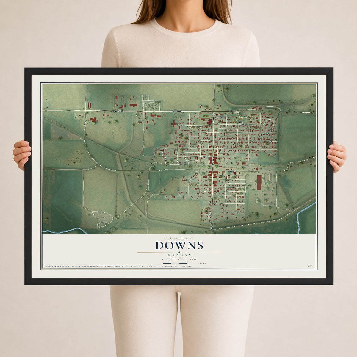 Map of Downs, Kansas, 24 x 36 inch print in a black wood frame