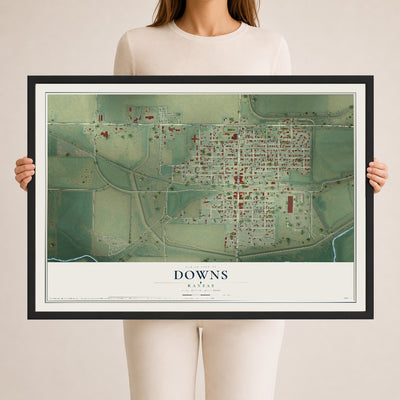 Map of Downs, Kansas, 24 x 36 inch print in a black wood frame