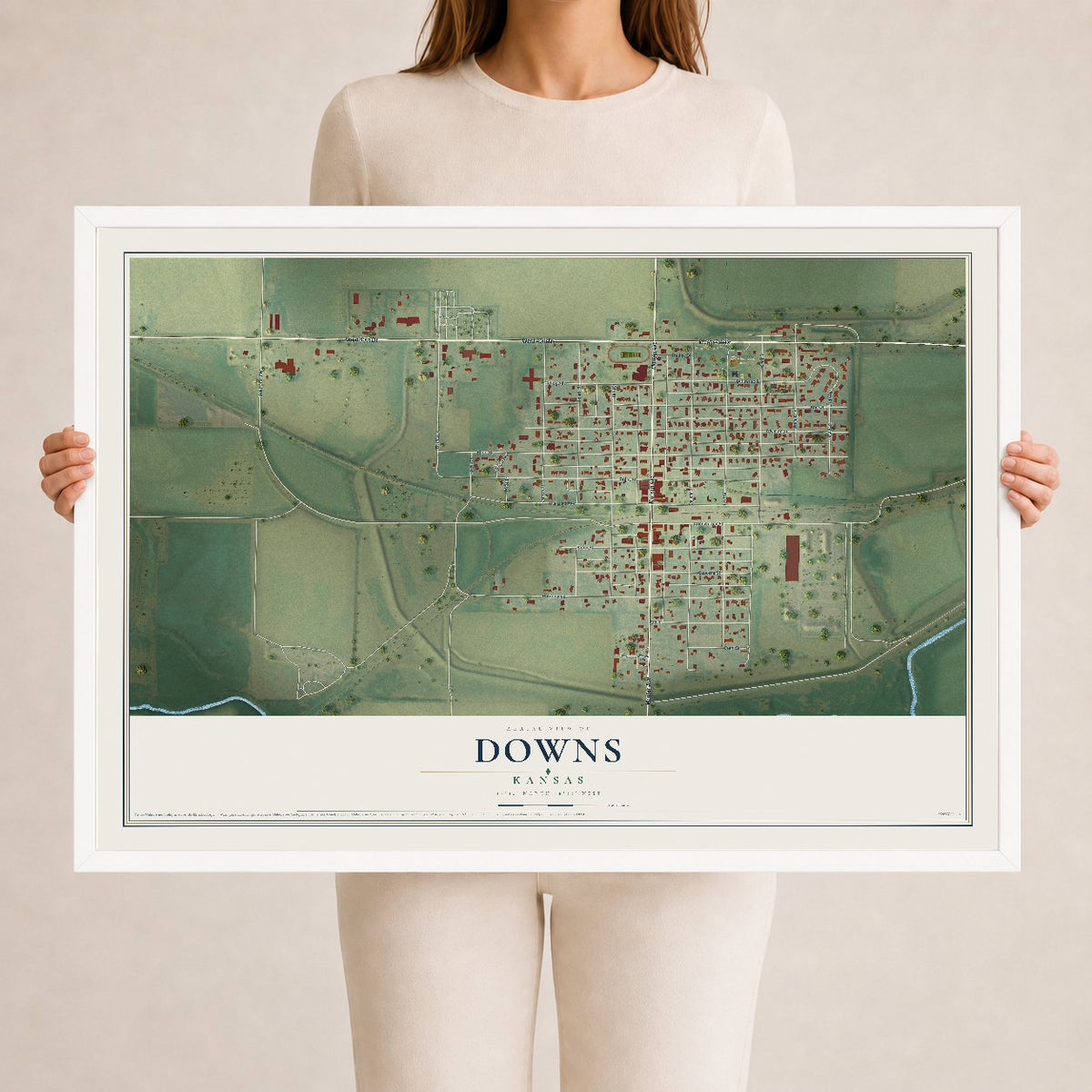 Map of Downs, Kansas, 24 x 36 inch print in a white wood frame