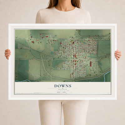 Map of Downs, Kansas, 24 x 36 inch print in a white wood frame