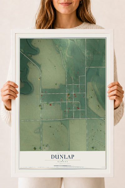 Map of Dunlap, Kansas, 18 x 24 inch print in a white wood frame