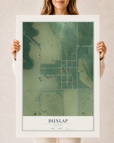 Map of Dunlap, Kansas, 24 x 36 inch print in a white wood frame