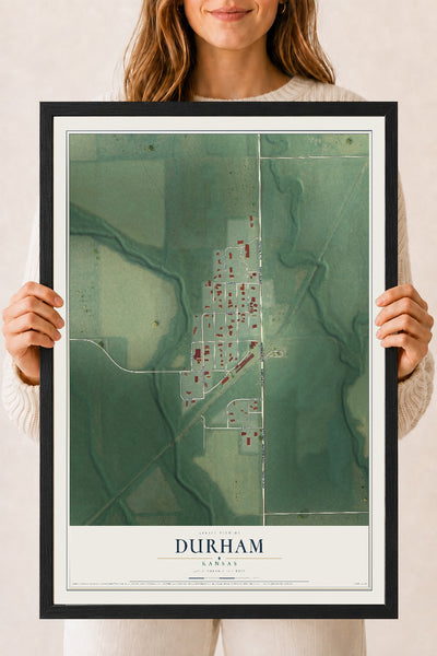 Map of Durham, Kansas, 18 x 24 inch print in a black wood frame