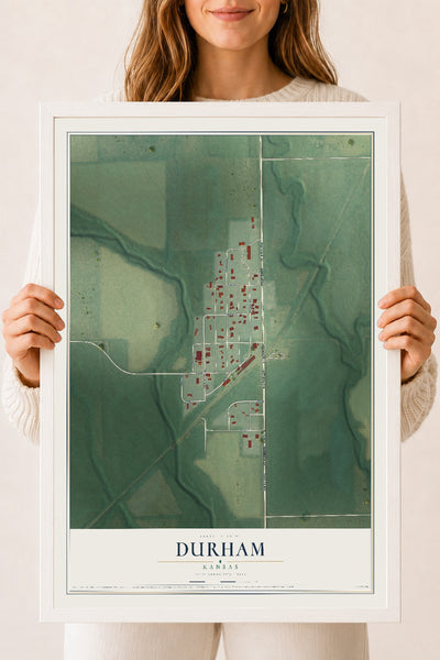 Map of Durham, Kansas, 18 x 24 inch print in a white wood frame