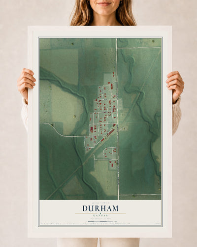 Map of Durham, Kansas, 24 x 36 inch print in a white wood frame