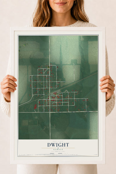 Map of Dwight, Kansas, 18 x 24 inch print in a white wood frame