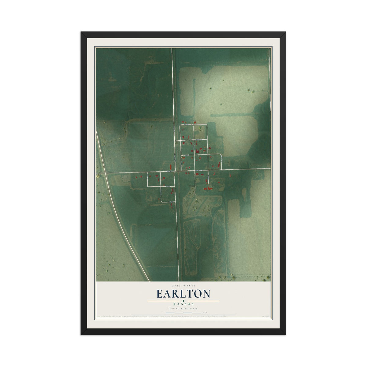 Map of Earlton, Kansas, 12 x 18 inch print in a black wood frame