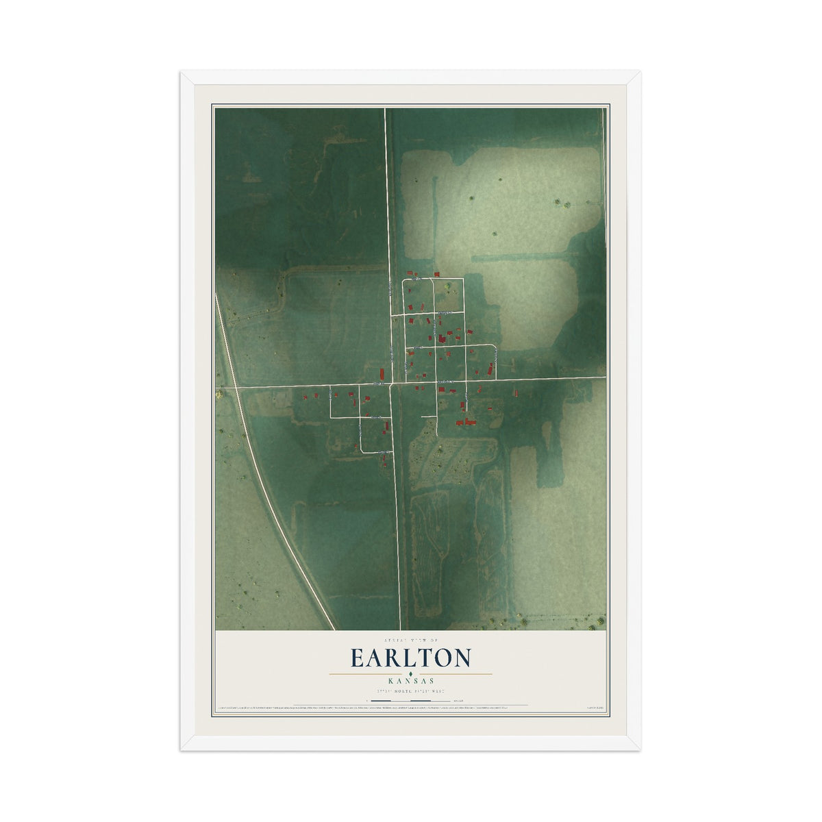 Map of Earlton, Kansas, 12 x 18 inch print in a white wood frame