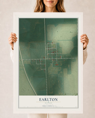 Map of Earlton, Kansas, 24 x 36 inch print in a white wood frame