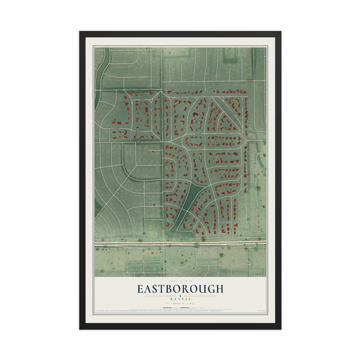 Map of Eastborough, Kansas, 12 x 18 inch print in a black wood frame