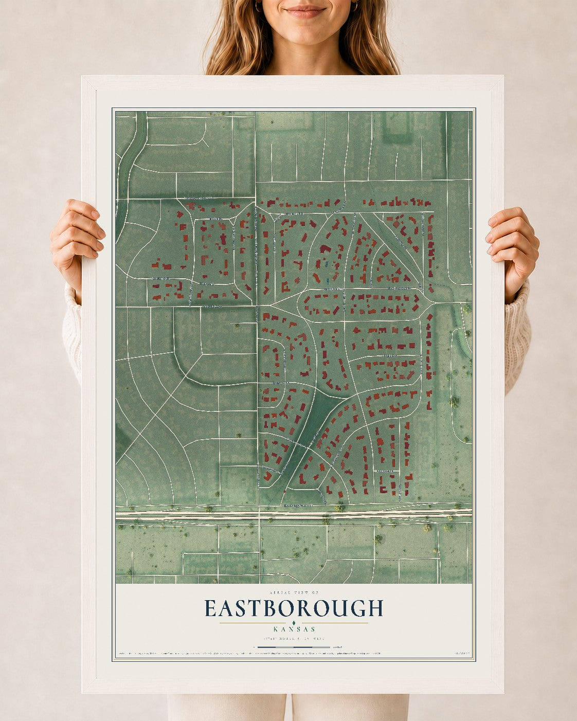Map of Eastborough, Kansas, 24 x 36 inch print in a white wood frame