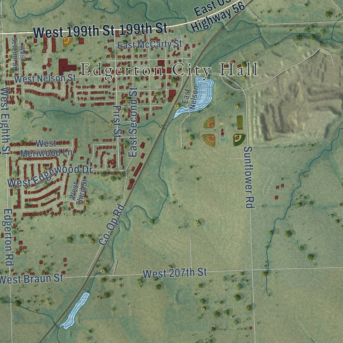 Close-up of the map of Edgerton, Kansas print showing street and building detail