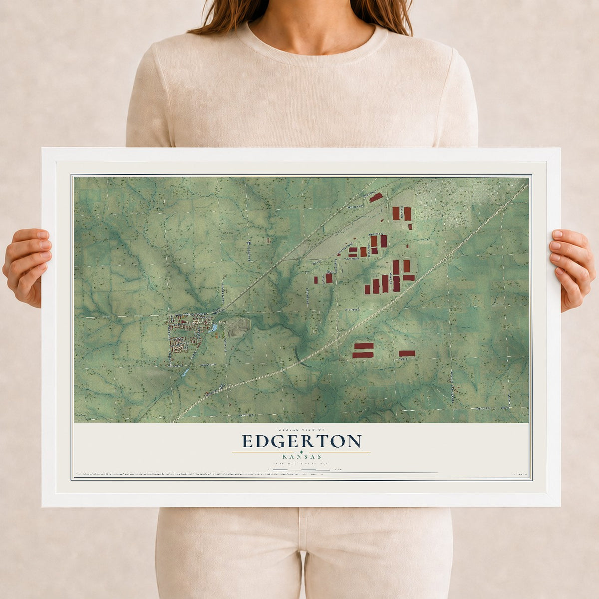 Map of Edgerton, Kansas, 12 x 18 inch print in a white wood frame