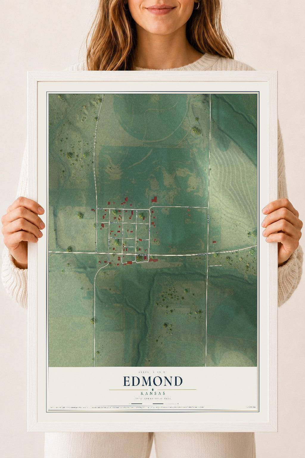 Map of Edmond, Kansas, 18 x 24 inch print in a white wood frame