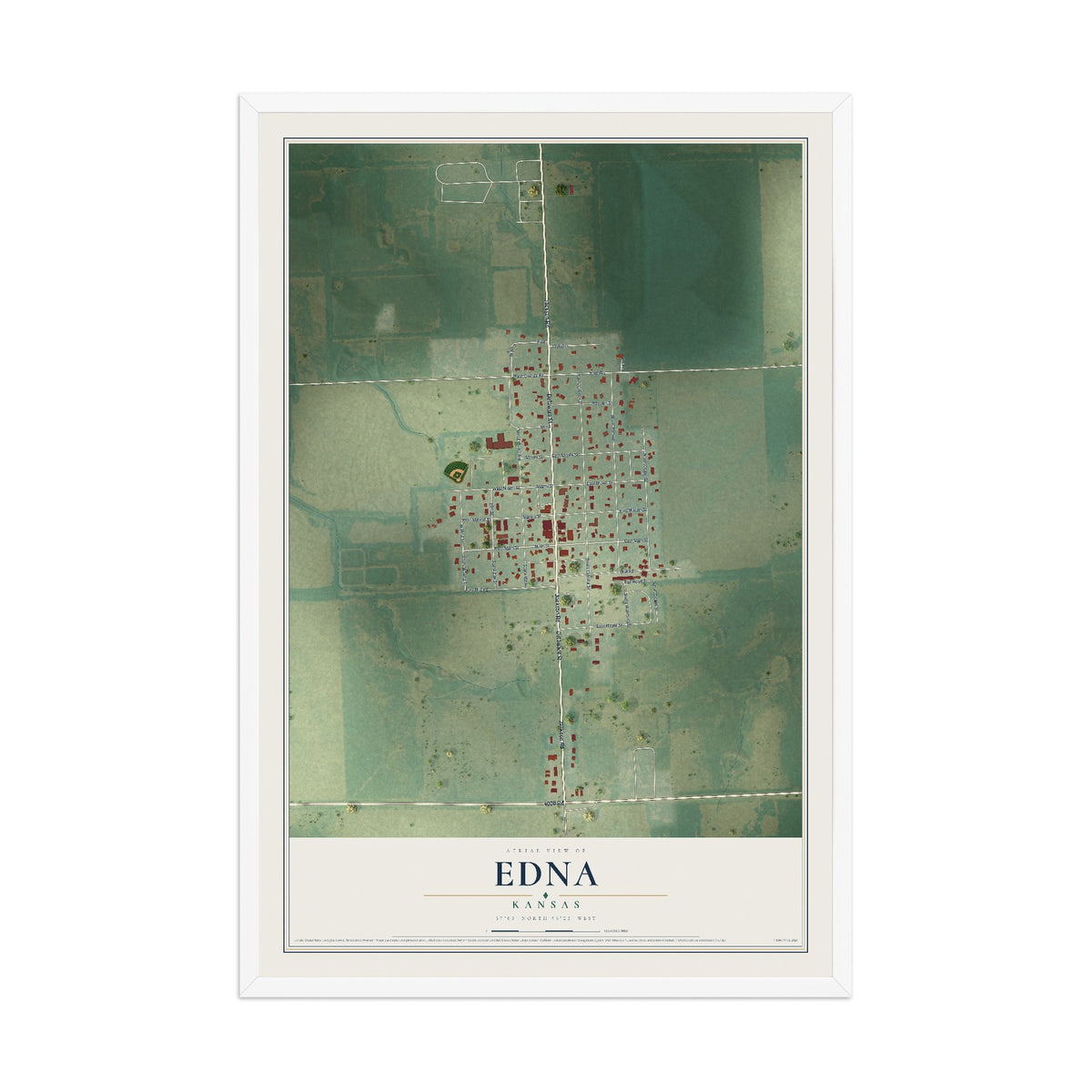 Map of Edna, Kansas, 12 x 18 inch print in a white wood frame