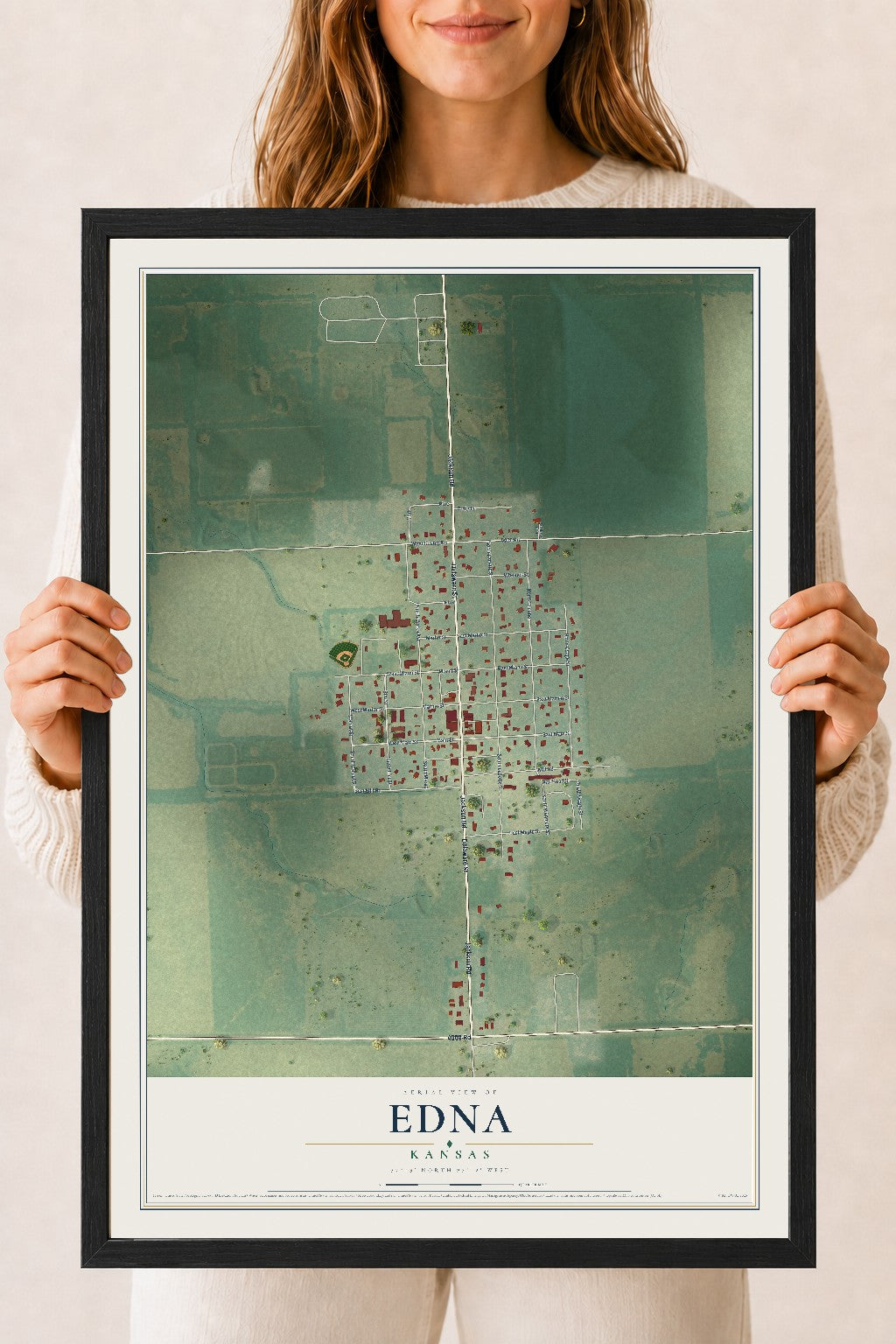 Map of Edna, Kansas, 18 x 24 inch print in a black wood frame
