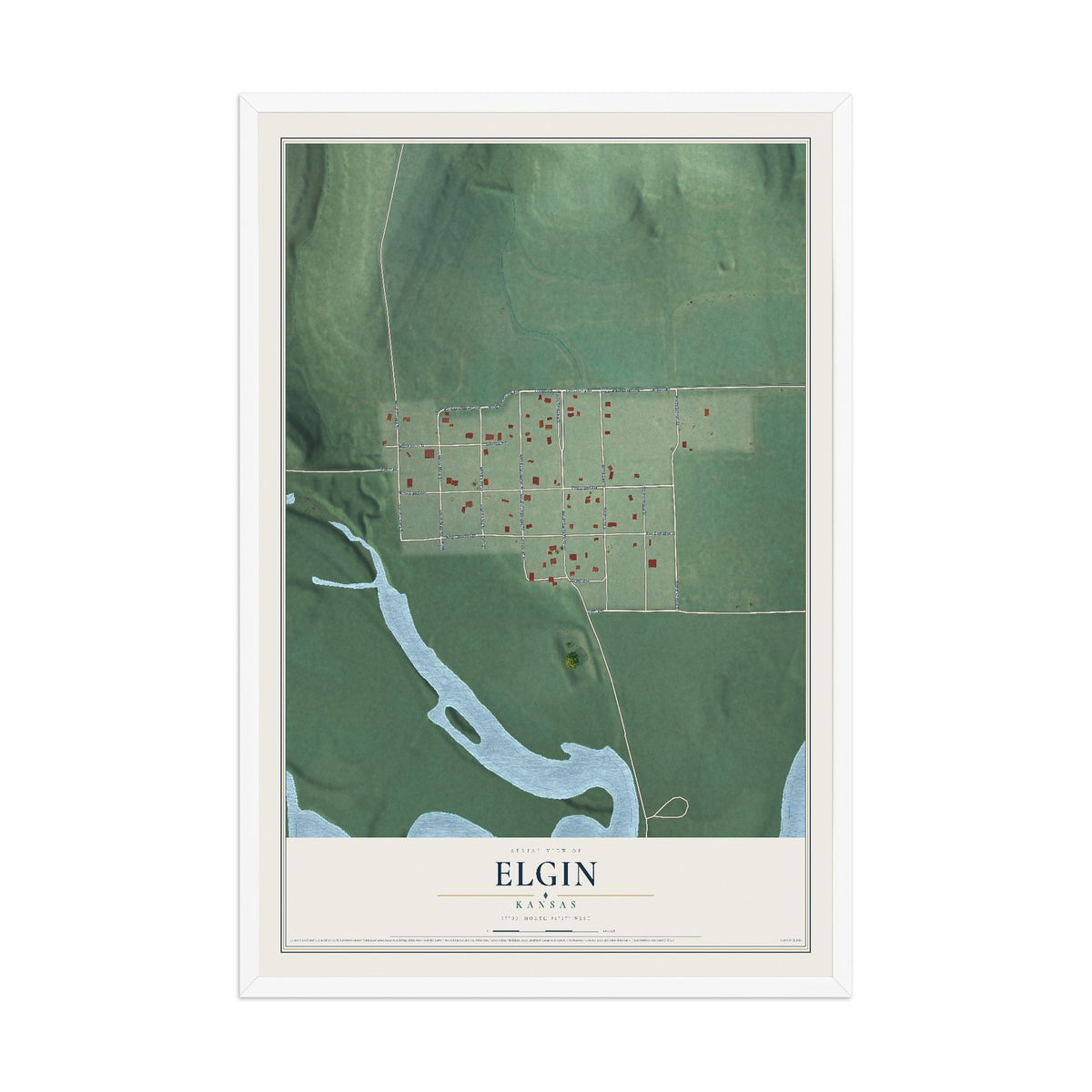 Map of Elgin, Kansas, 12 x 18 inch print in a white wood frame