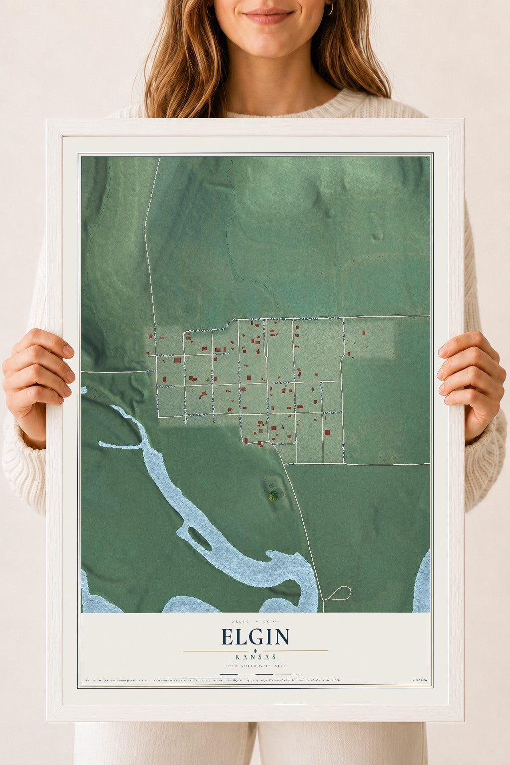 Map of Elgin, Kansas, 18 x 24 inch print in a white wood frame