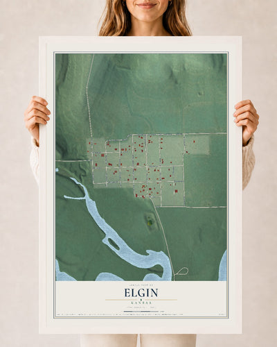 Map of Elgin, Kansas, 24 x 36 inch print in a white wood frame
