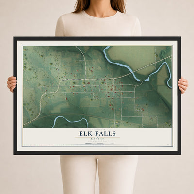 Map of Elk Falls, Kansas, 24 x 36 inch print in a black wood frame
