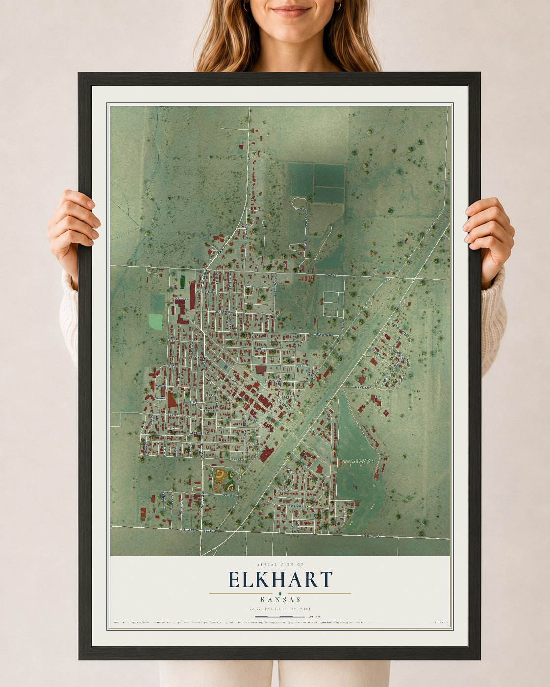 Map of Elkhart, Kansas, 24 x 36 inch print in a black wood frame
