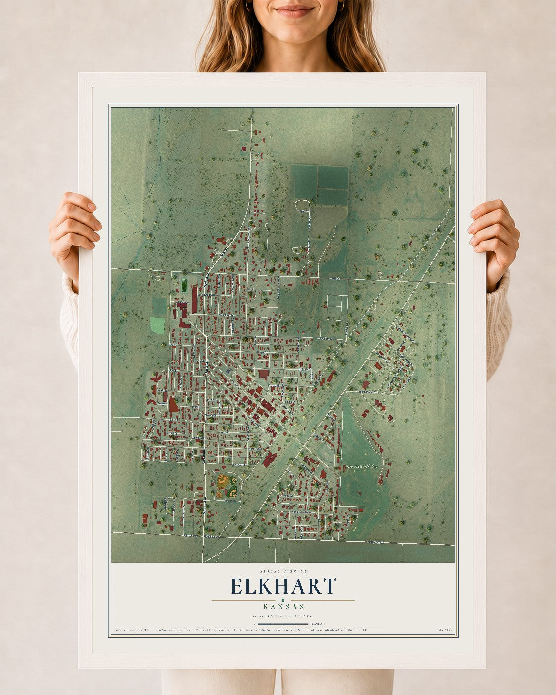 Map of Elkhart, Kansas, 24 x 36 inch print in a white wood frame