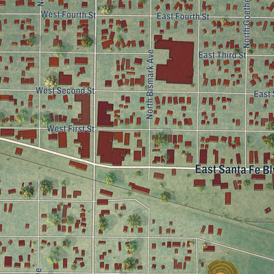 Close-up of the map of Ellinwood, Kansas print showing street and building detail