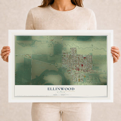 Map of Ellinwood, Kansas, 12 x 18 inch print in a white wood frame