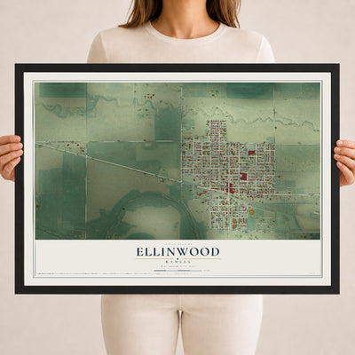 Map of Ellinwood, Kansas, 18 x 24 inch print in a black wood frame