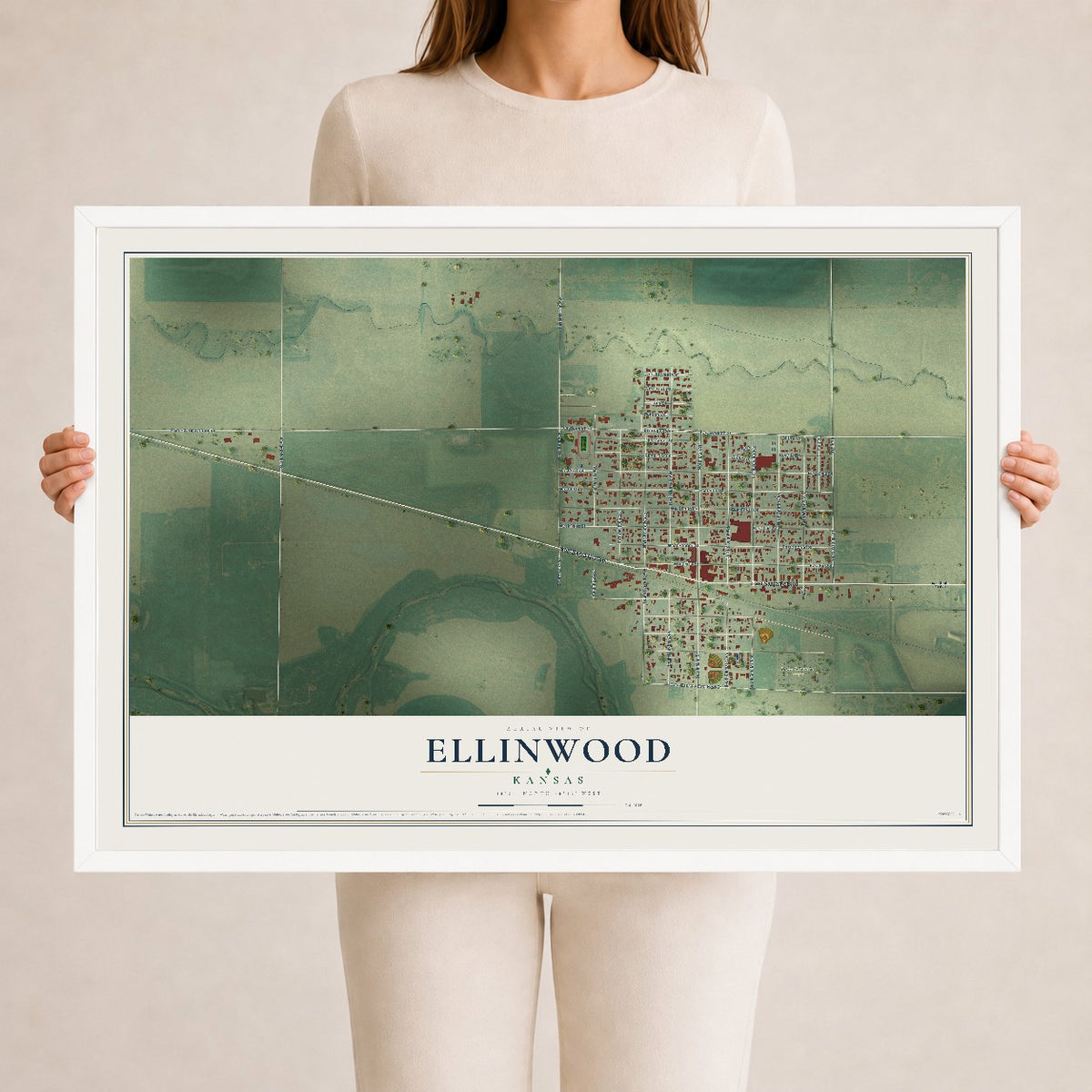 Map of Ellinwood, Kansas, 24 x 36 inch print in a white wood frame