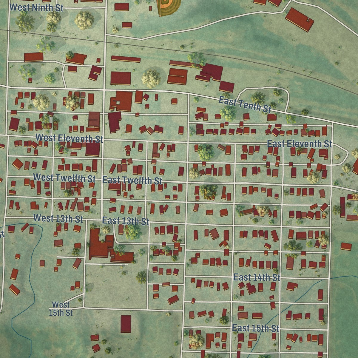 Close-up of the map of Ellis, Kansas print showing street and building detail