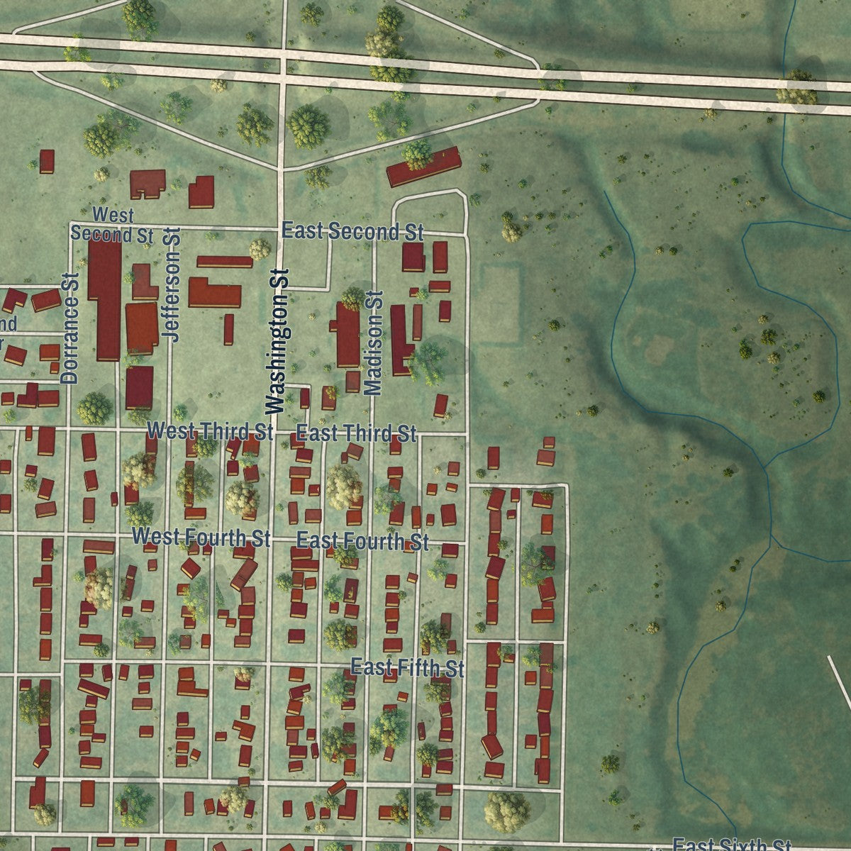 Second close-up of the map of Ellis, Kansas print showing more streets and buildings