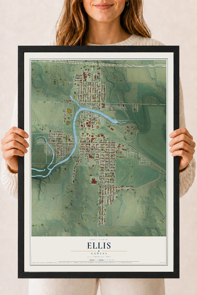 Map of Ellis, Kansas, 18 x 24 inch print in a black wood frame