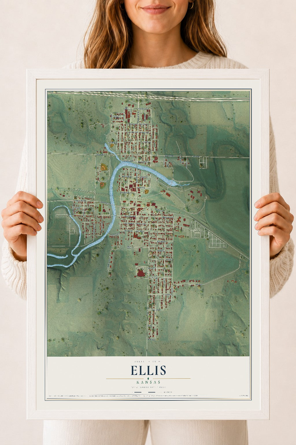 Map of Ellis, Kansas, 18 x 24 inch print in a white wood frame