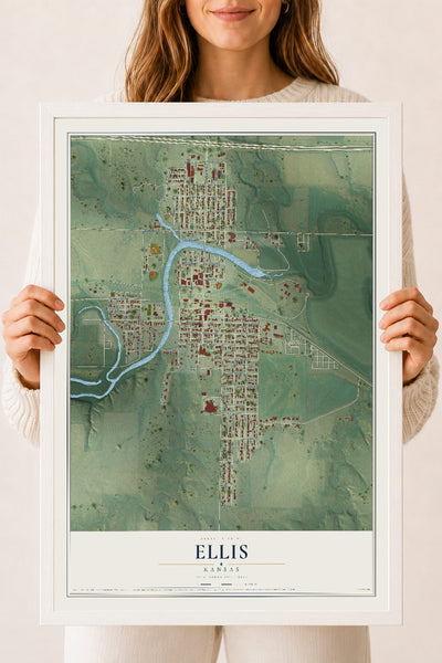 Map of Ellis, Kansas, 18 x 24 inch print in a white wood frame